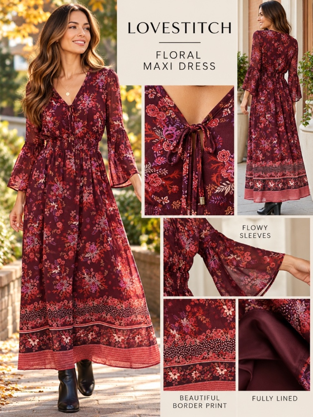 LOVESTITCH Burgundy Floral Boho Maxi Dress Size Small | Bell Sleeves
